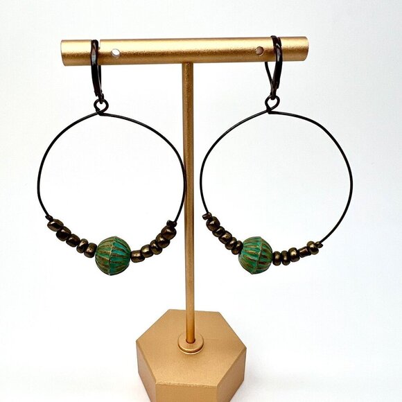 Antique Style Brass Beaded Hoop Earrings Pierced Ears - Picture 4 of 8